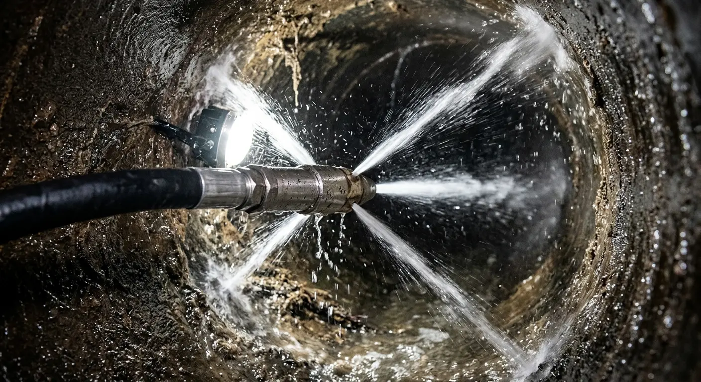 High-pressure hydro jetting nozzle cleaning sewer pipe for Emergency Drain Service in Brooklyn Park